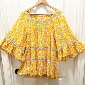 Magnolia Lane Women's Peasant Tunic Top Size M Yellow Floral Print Bell Sleeve